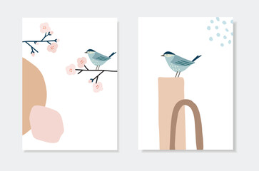 Set of spring, Easter artistic greeting cards, invitations. Bird sitting on blossiominch cherry tree branch. Abstract geometric shapes. Modern minimalist vector drawing, wall art. Poster or web banner
