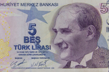 Macro shot of the five turkish lira banknote