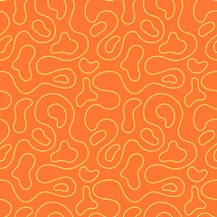 Gordijnen Gekleurd abstract naadloos patroon. Eenvoudige herhalende illustratie. Lineaire tekening met vlekken. Gele lijnen op oranje achtergrond. Vector eindeloze textuur voor inpakpapier, textiel, behang, stof. © Retany