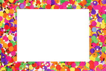 Mockup greeting card on festive colorful confetti. Holiday or Invitation concept. Place for text. Flat lay, view from above.