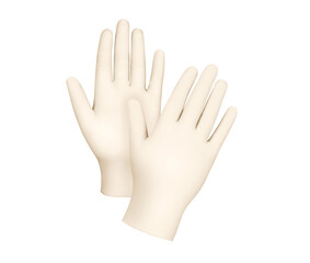 Medical gloves.Two yellow surgical gloves isolated on white background with hands. Rubber glove manufacturing, human hand is wearing a latex glove. Doctor or nurse putting on protective gloves
