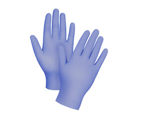 Fototapeta na wymiar Medical gloves.Two purple surgical gloves isolated on white background with hands. Rubber glove manufacturing, human hand is wearing a latex glove. Doctor or nurse putting on protective gloves