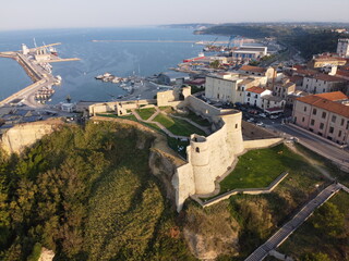 Ortona, Chieti, Abruzzo, Italy: Aerial view of the ancient Aragonese Castle on the shore of the Adriatic Sea - obrazy, fototapety, plakaty