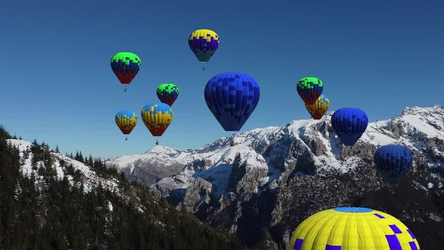 Snow landscape with a simulation of a hot air balloon festival rendered in 3d
