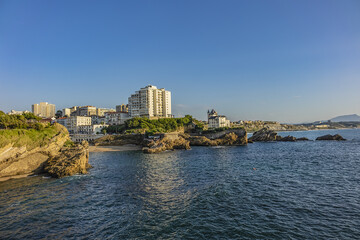 Picturesque Atlantic coast with rock in Biarritz at sunset. Biarritz, Department of Pyrenees-Atlantiques, Nouvelle-Aquitaine region, France.