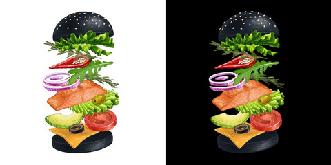 Delicious Black Burger illustration with flying ingredients for menu design. Hand drawn jumping fish burger isolated on white and black backgrounds