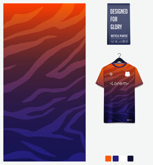 Fabric pattern design. Abstract pattern on blue orange gradient background for soccer jersey, football kit or sports uniform. T-shirt mockup template. Abstract sport background.