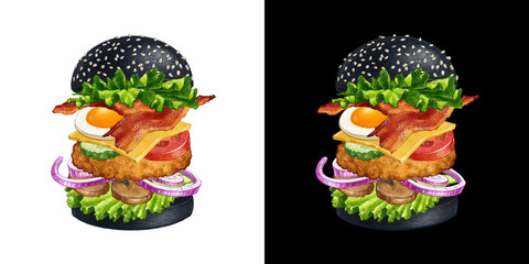 Big Burger with black bun, lettuce, egg and roasted meat cutlet. Hand drawn tasty Hamburger illustration isolated on white and black background for street food menu design
