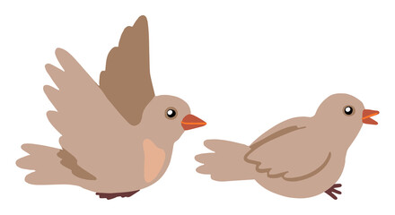 Set of cute birds isolated on white background. Hand drawn vector stock illustrations. Colored cartoon doodles. Drawing of flying and sitting bird. Element for design, postcard, print, stickers, logo.