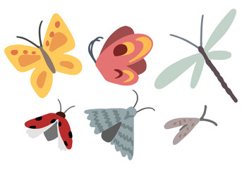 Set of cute insects isolated on white. Hand drawn vector stock illustrations. Colored cartoon doodles. Drawing of butterflies, dragonfly, ladybug, moth. Elements for design, postcard, print, stickers.