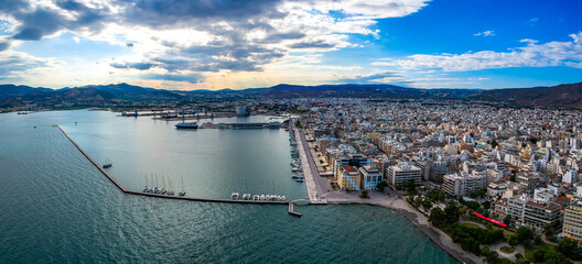 Aerial photo over Volos city and the port in Magnesia, Greece