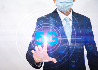 Business touch technology 5G of mobile telecommunication network in Europe for high speed wireless data connection to internet from smartphones, concept future technology 5G network wireless systems