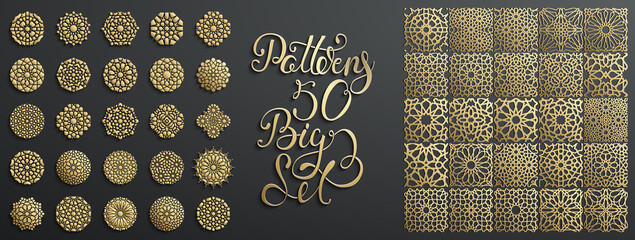 Gold ornament on black. Islamic pattern set. Arabic geometric pattern bundle, east ornament, indian ornament, persian motif. Eid mubarak wall art gold texture template. - obrazy, fototapety, plakaty