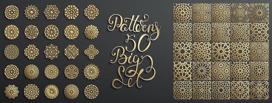 Gold ornament on black. Islamic pattern set. Arabic geometric pattern bundle, east ornament, indian ornament, persian motif. Eid mubarak wall art gold texture template.