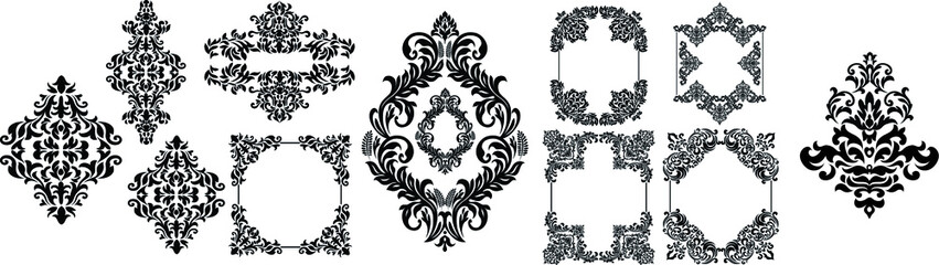 Set of Oriental vector damask patterns for greeting cards and wedding invitations.