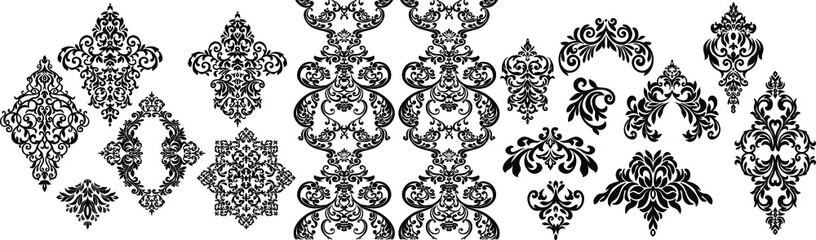 Set of Oriental vector damask patterns for greeting cards and wedding invitations.