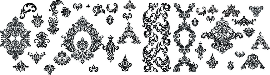 Set of Oriental vector damask patterns for greeting cards and wedding invitations.
