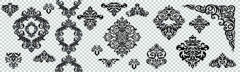 Set of Oriental vector damask patterns for greeting cards and wedding invitations.