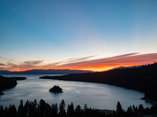 Sun rise view of the Lake Tahoe, Emerald Bay and Fannette Island