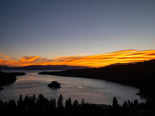 Sun rise view of the Lake Tahoe, Emerald Bay and Fannette Island