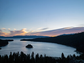 Sun rise view of the Lake Tahoe, Emerald Bay and Fannette Island