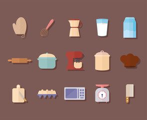 bundle of kitchenware icons on a brown background