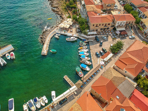 Aerial scenic view over the seaside village Agios Nikolaos and the picturesque old port near Kardamyli, Peloponnese