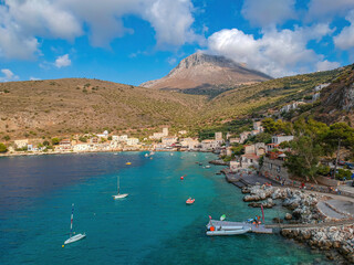 Fototapeta premium Iconic aerial view over the picturesque famous Limeni village in Mani area Laconia, Greece