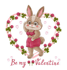 Valentine day with funny romantic bunny. Be my Valentine. Cute little cartoon rabbit in pink clothes. Hare with heart frame and clover flowers. Happy lovers holiday. Love greeting card. Vector drawing
