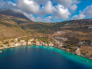 Fototapeta na wymiar Iconic aerial view over the picturesque famous Limeni village in Mani area Laconia, Greece