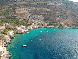 Iconic aerial view over the picturesque famous Limeni village in Mani area Laconia, Greece