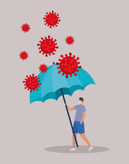 man with one safety mask, red particles and one umbrella over gray background