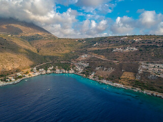 Naklejka premium Iconic aerial view over the picturesque famous Limeni village in Mani area Laconia, Greece