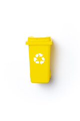 Trash sort. Bin container for disposal garbage waste and save environment. Yellow dustbin for recycle plastic trash isolated on white background.