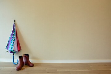Obraz premium women's colorful umbrella and rain boot on floor.blurred background with copy space.