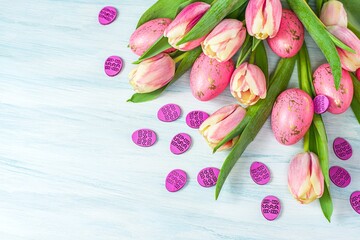 pink tulips on table, Easter background .