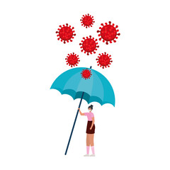 woman with one safety mask, red particles and one umbrella
