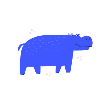 Cute blue hippo hand drawn vector illustration. Adorable tropical animal cartoon character. Funny hippopotamus, friendly behemoth isolated on white background. Childish t shirt print design