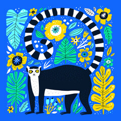 Cute lemur hand drawn flat vector illustration. Adorable catta cartoon character. Funny exotic animal with leaves and flowers isolated on blue background. Childish t shirt print design - obrazy, fototapety, plakaty