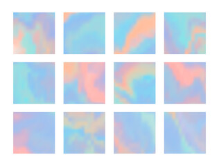 Set of tender pastel blue and orange horizontal wavy hologram background. Holographic vibrant colors watercolor texture for software, ui design, web, apps wallpaper, banner