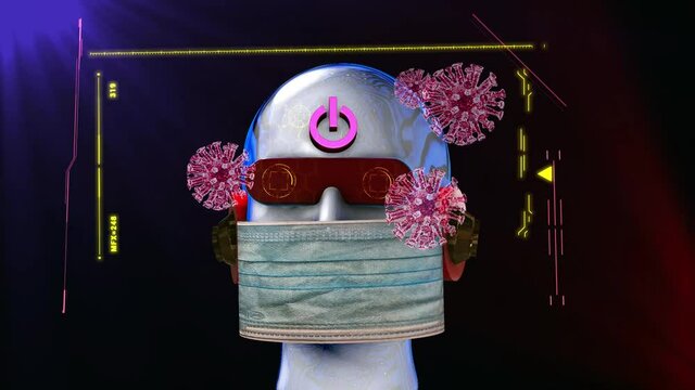 representaci&oacute;n de robot androide con mascarilla escaneando virus