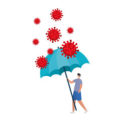 man with one safety mask, red particles and one umbrella over a white background