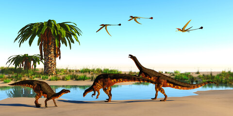 Plateosaurus Dinosaur Beach - Plateosaurus dinosaurs, Eudimorphodon reptiles and Bjuvia trees surround a watering hole during the Triassic period.