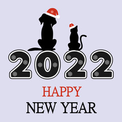 Happy New 2022 Year. Holiday illustration with dog and cat with text.