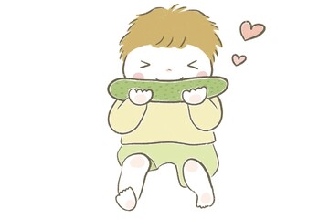 笑顔できゅうりを丸かじりする男の子