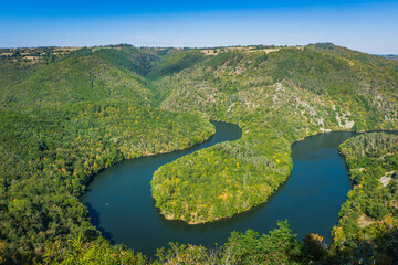 View on the Sioule river meander in Queuille, Auvergne (France)