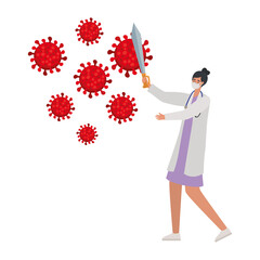 female doctor with one safety mask, red particles and one sword