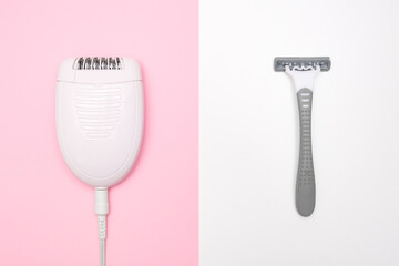 Razor or shaver vs epilator concept, electric vs manual removing unwanted hair on legs and body