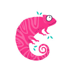 Cute little pink chameleo flat vector illustration. Funny iguana hand drawn character. Adorable animal, chameleon with bright camouflage isolated on white background. Childish t shirt print design
