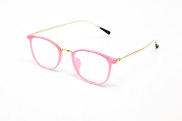 Optic glasses, pink plastic frame, golden arms